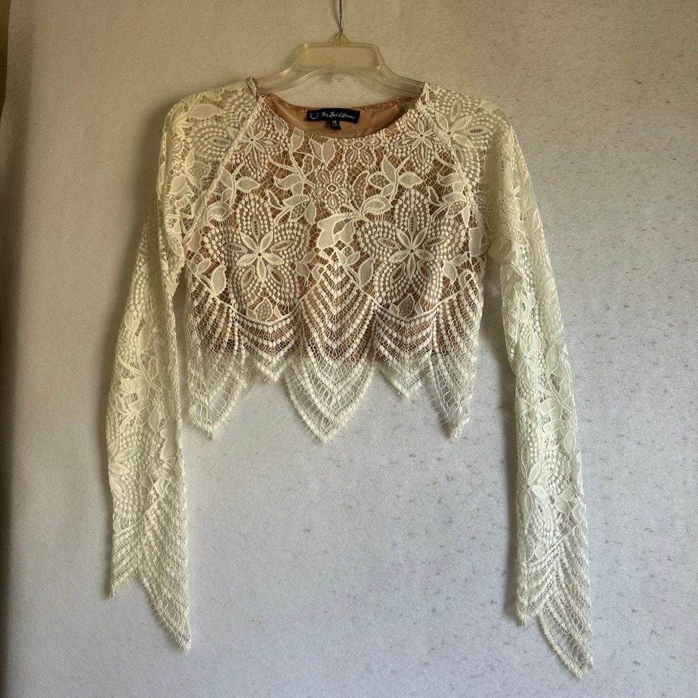 For Love & Lemons Ivory Floral Lace Crop Top Nude Lining Eyelash Hem Medium
